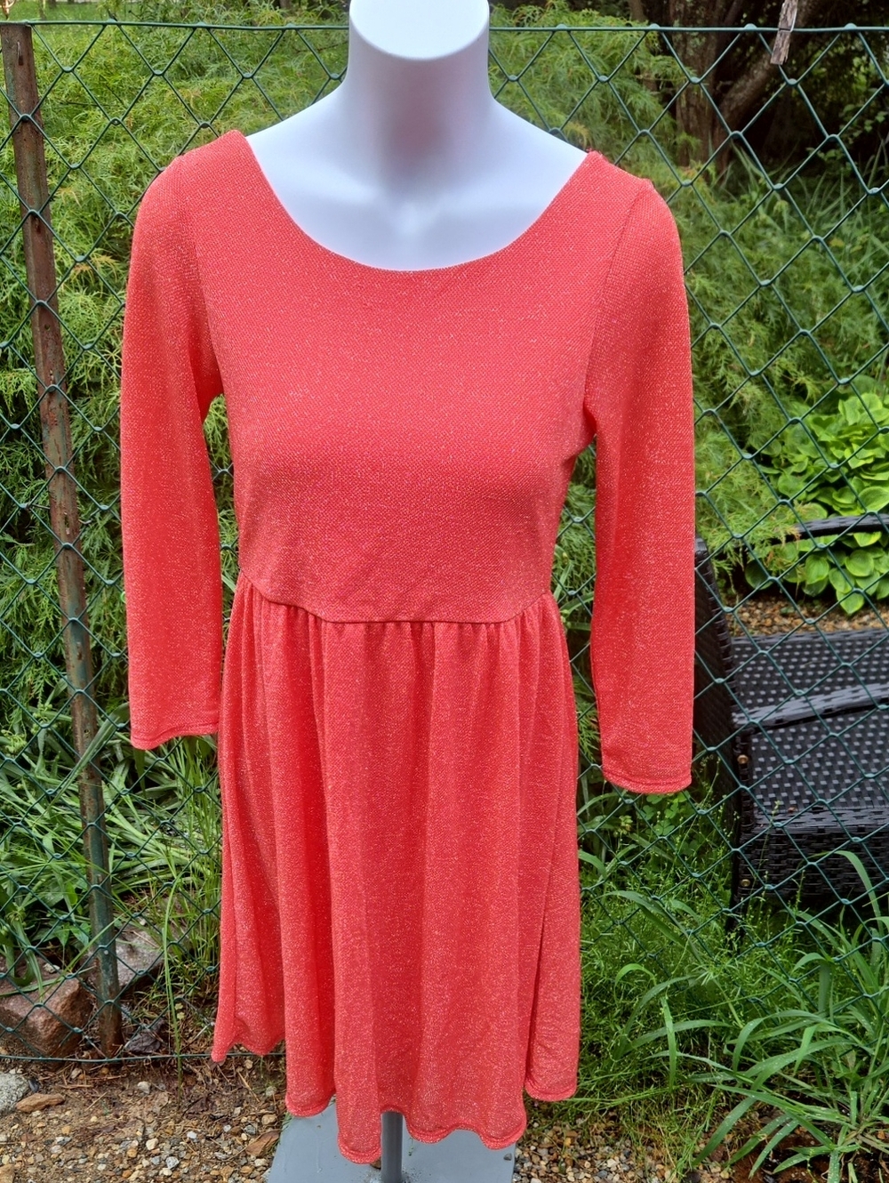 Sparkle Coral Long-Sleeve Fit & Flare Dress